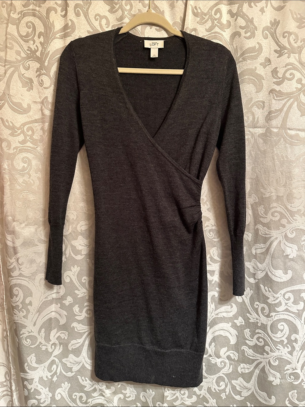 LOFT Charcoal Gray Wrap-Front Long Sleeve Dress